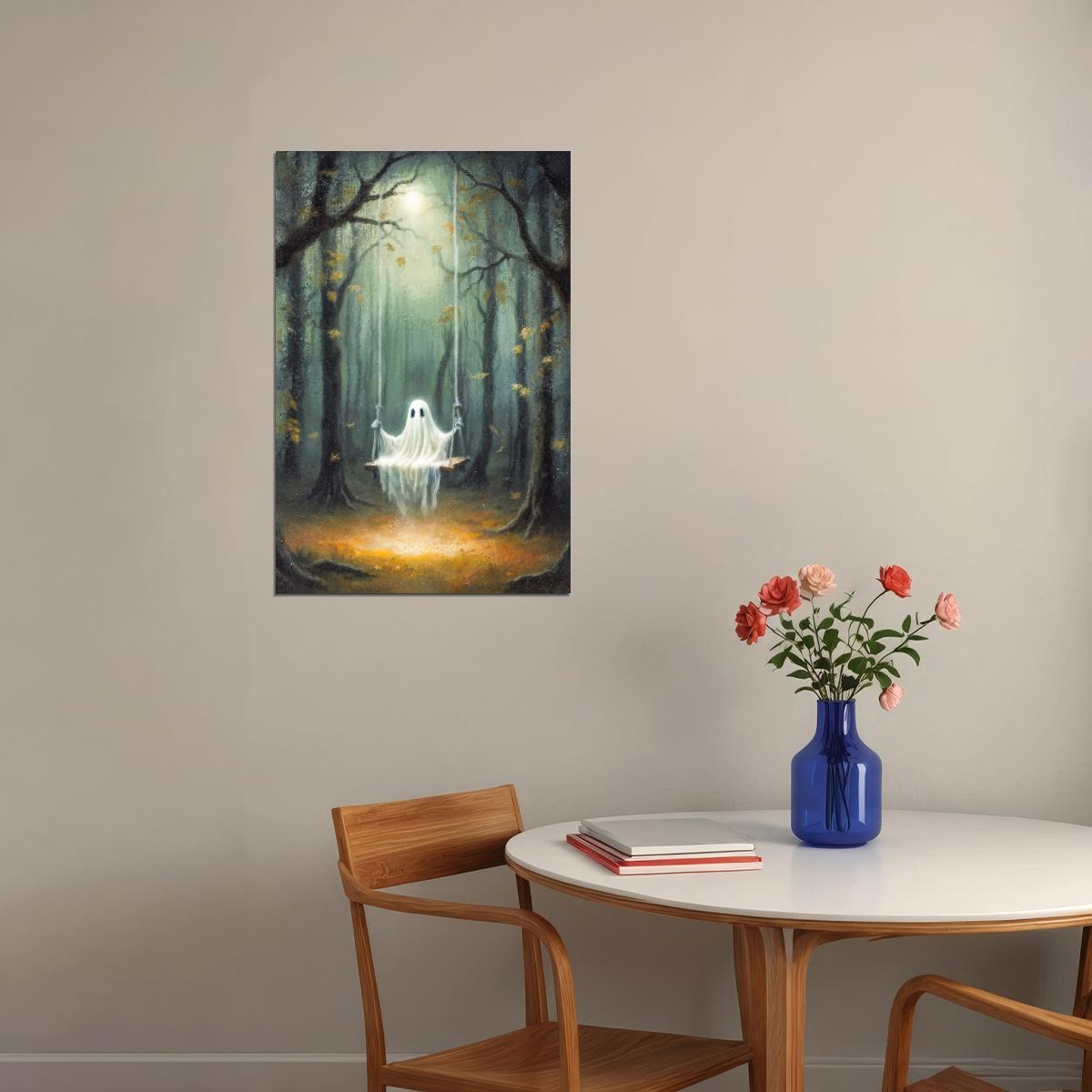Cute Ghost On Swings Painting Print Dark Academia Halloween Poster Gothic Aesthetic Moody Artwork - xonomax