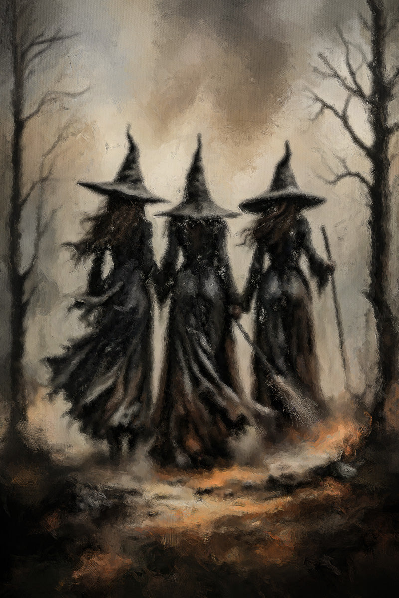 Three Witches Halloween Painting Print Mystery Convene Art Creepy Sisters Poster Witchy Aesthetic - xonomax