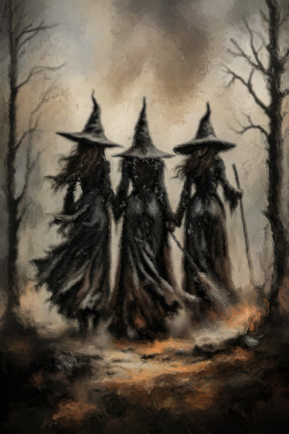 Three Witches Halloween Painting Print Mystery Convene Art Creepy Sisters Poster Witchy Aesthetic - xonomax