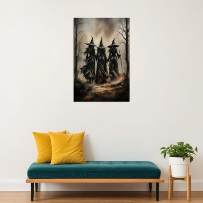 Three Witches Halloween Painting Print Mystery Convene Art Creepy Sisters Poster Witchy Aesthetic - xonomax