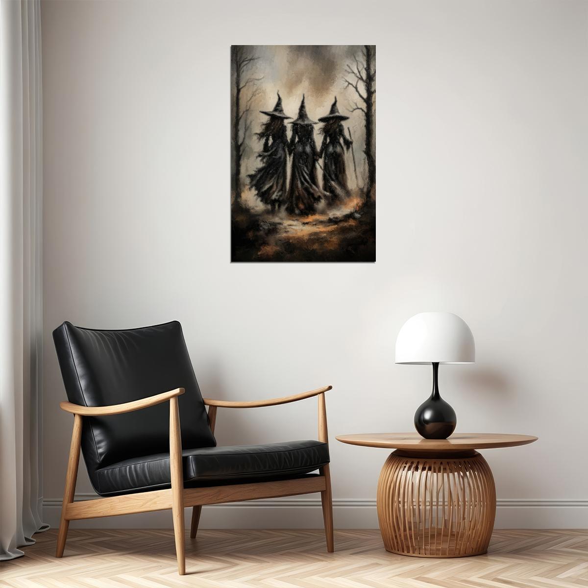 Three Witches Halloween Painting Print Mystery Convene Art Creepy Sisters Poster Witchy Aesthetic - xonomax