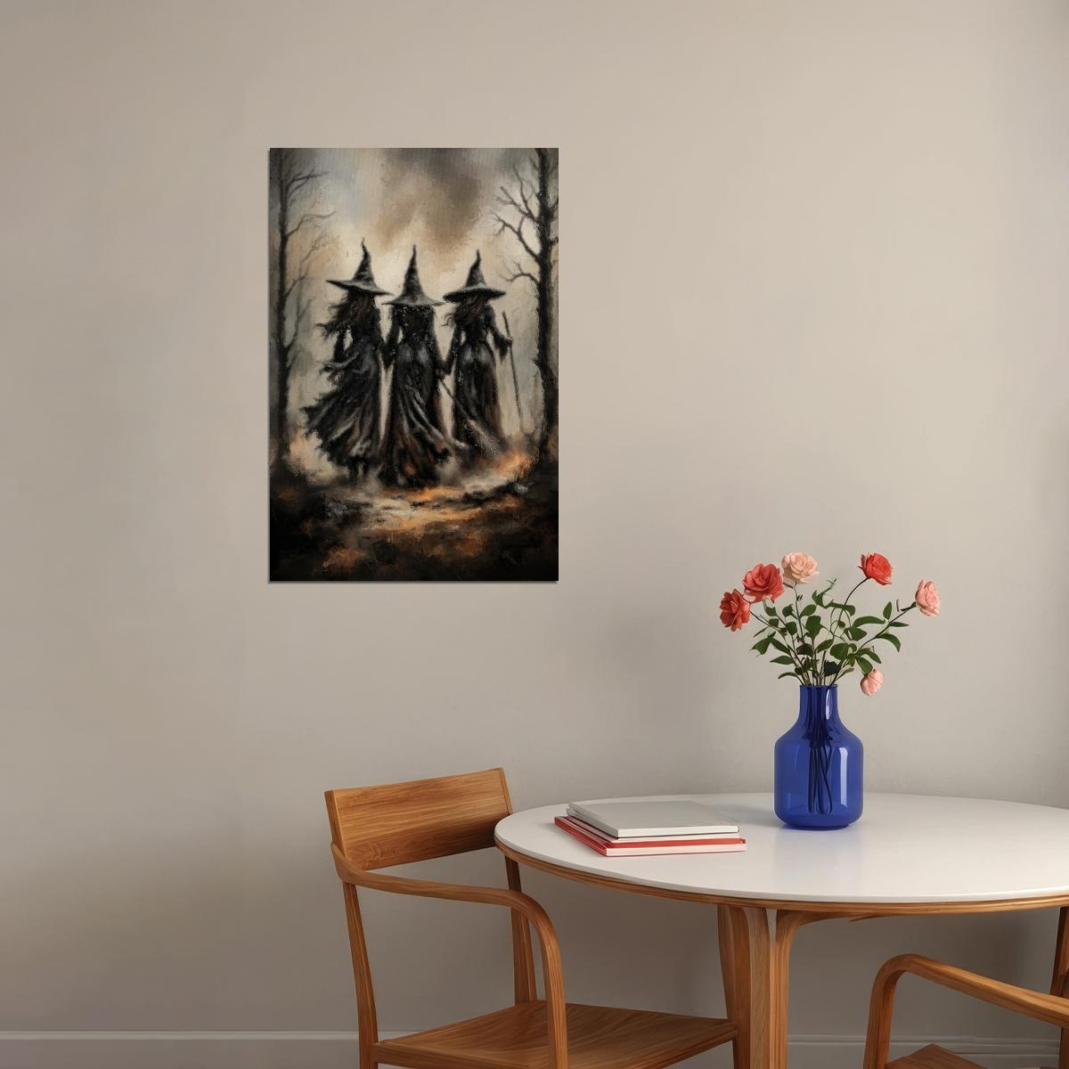 Three Witches Halloween Painting Print Mystery Convene Art Creepy Sisters Poster Witchy Aesthetic - xonomax