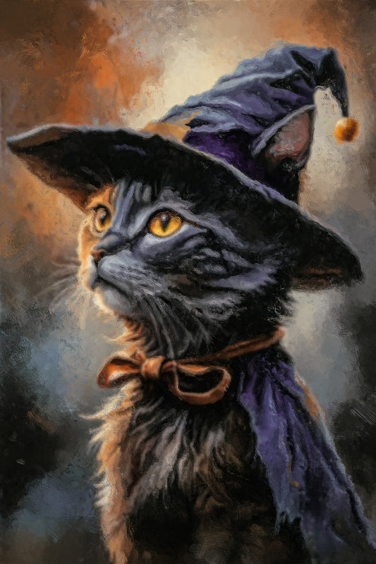 Witch Cat In Hat Painting Print Cute Halloween Wall Art Gothic Moody Poster Dark Academia Aesthetic