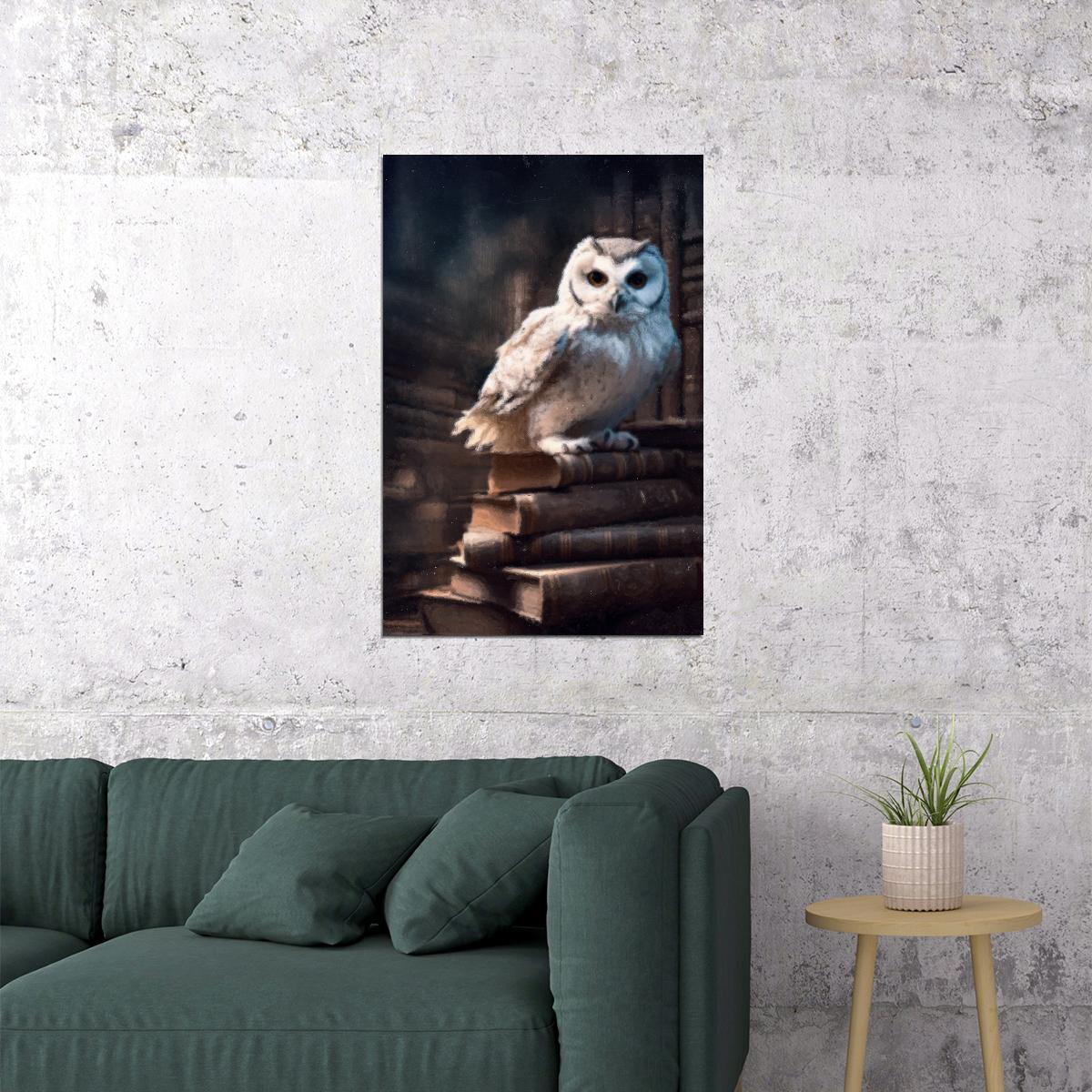 Owl And Books Painting Print Mystery Library Wall Art Victorian Aesthetic Gothic Halloween Poster