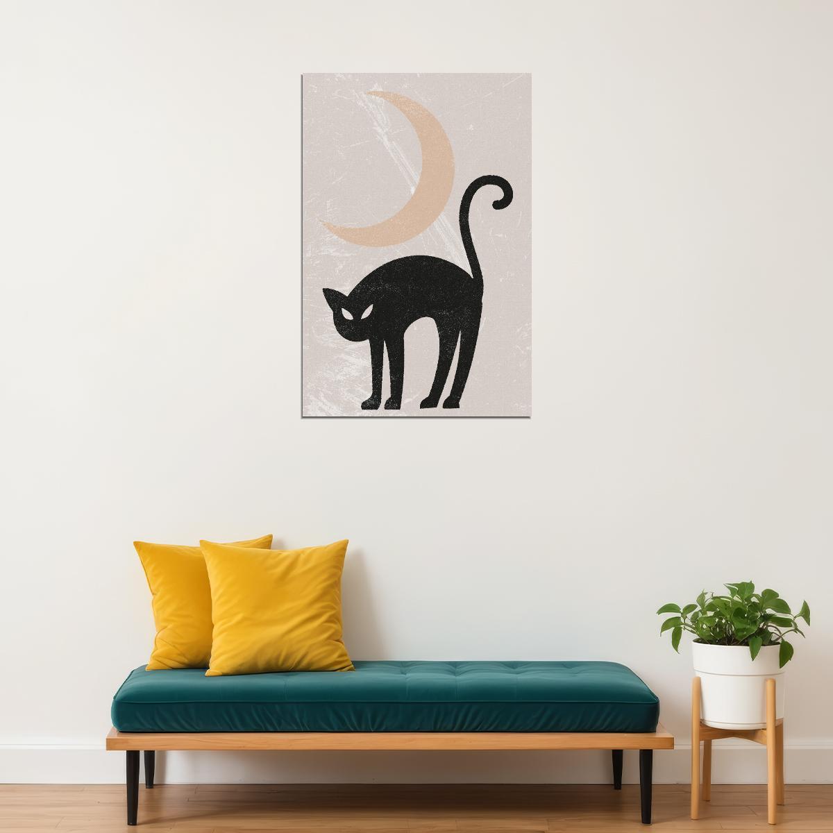 Black Cat Halloween Poster Boho Trendy Minimalist Halloween Art Rustic Moon Fall Print For Autumn - xonomax