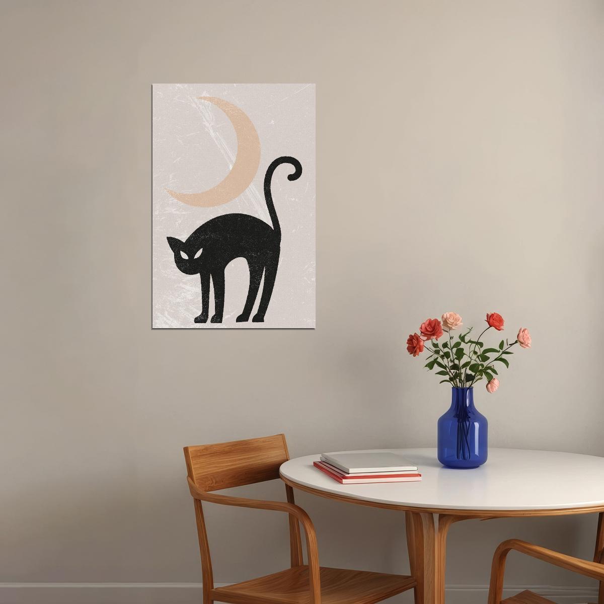 Black Cat Halloween Poster Boho Trendy Minimalist Halloween Art Rustic Moon Fall Print For Autumn - xonomax