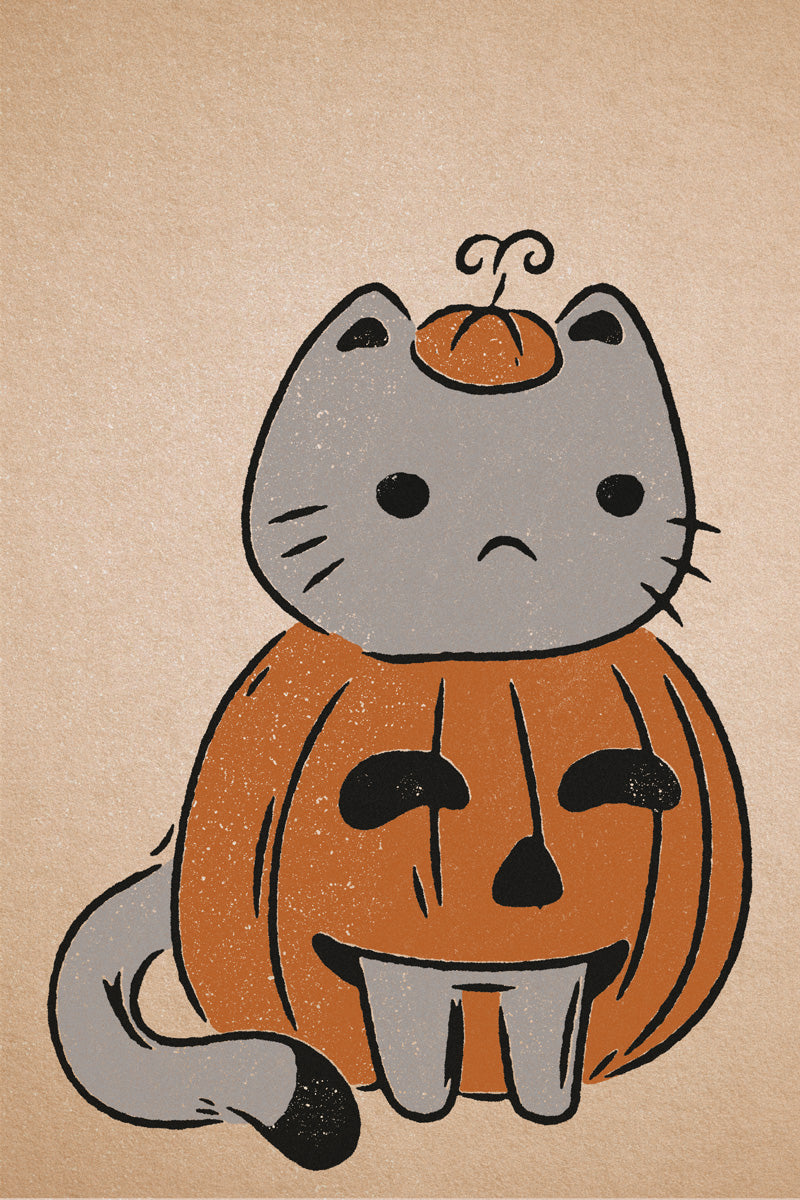 Cute Cat Halloween Poster Boho Pumpkin Halloween Art Cat In Pumpkin Costume Fall Print for Autumn
