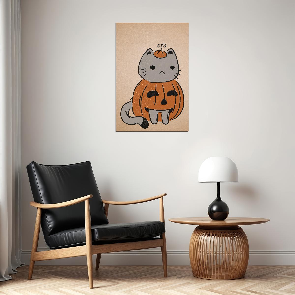 Cute Cat Halloween Poster Boho Pumpkin Halloween Art Cat In Pumpkin Costume Fall Print for Autumn