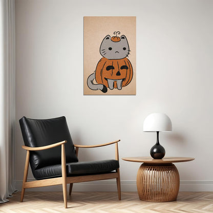 Cute Cat Halloween Poster Boho Pumpkin Halloween Art Cat In Pumpkin Costume Fall Print for Autumn