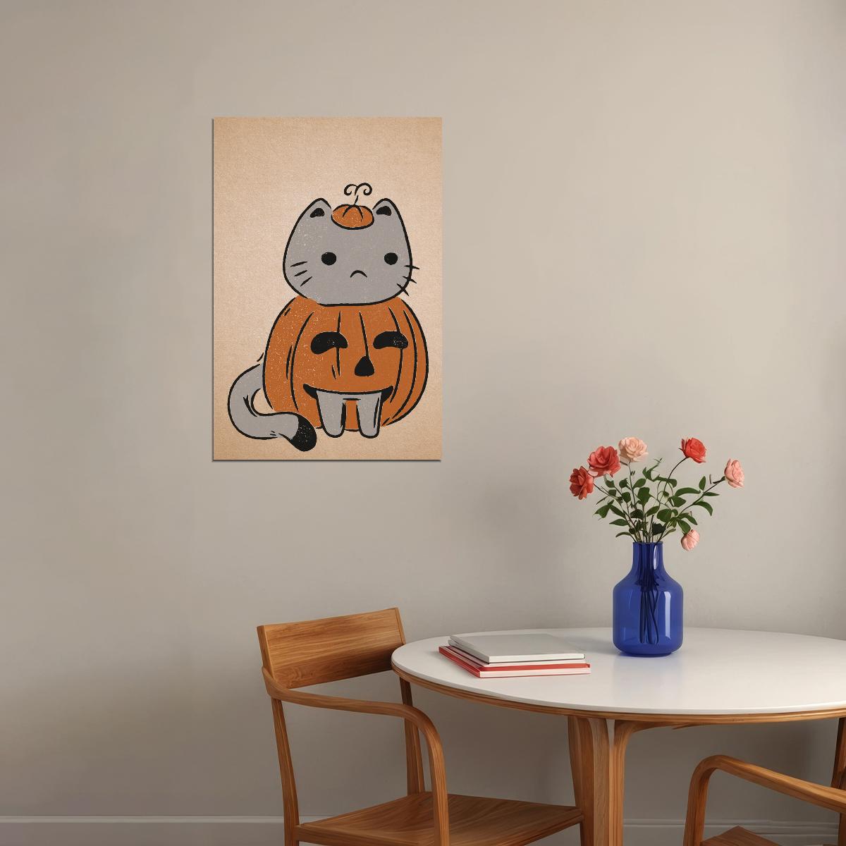 Cute Cat Halloween Poster Boho Pumpkin Halloween Art Cat In Pumpkin Costume Fall Print for Autumn