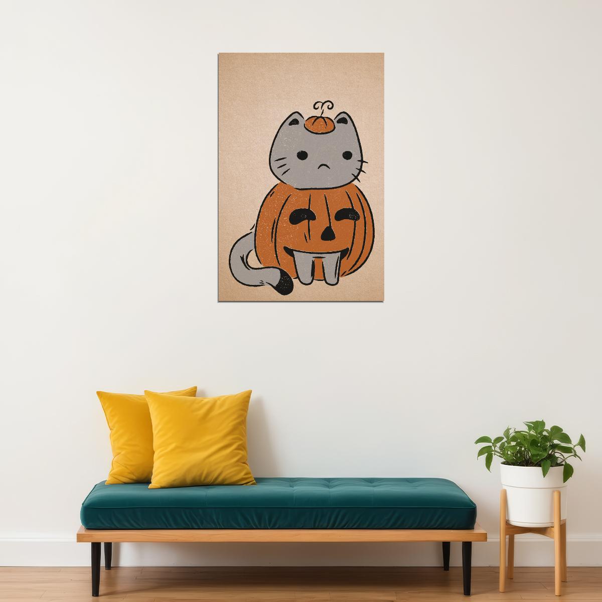 Cute Cat Halloween Poster Boho Pumpkin Halloween Art Cat In Pumpkin Costume Fall Print for Autumn