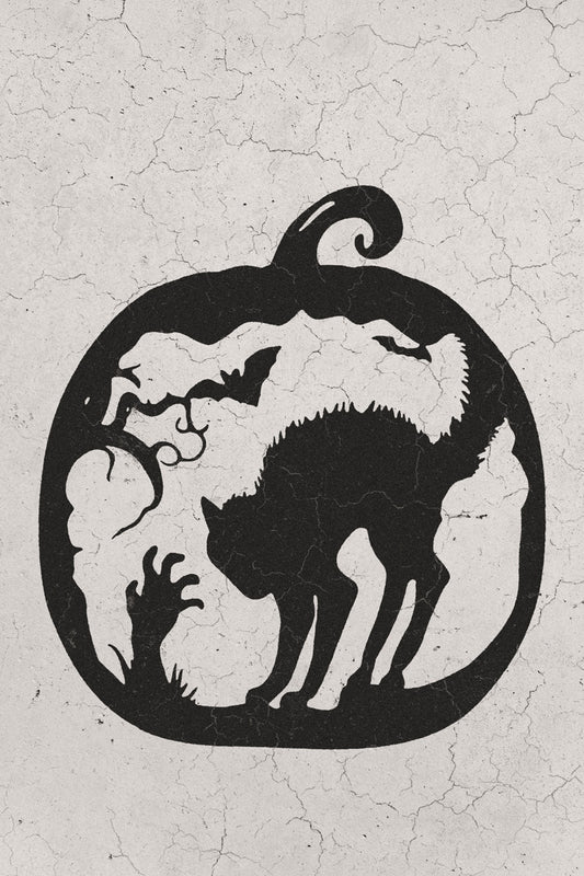 Black Cat Halloween Poster Pumpkin Halloween Wall Art Graveyard Scene Trendy Minimalist Print - xonomax