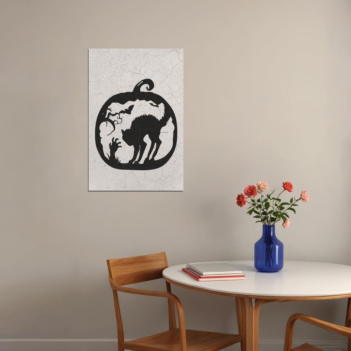 Black Cat Halloween Poster Pumpkin Halloween Wall Art Graveyard Scene Trendy Minimalist Print - xonomax