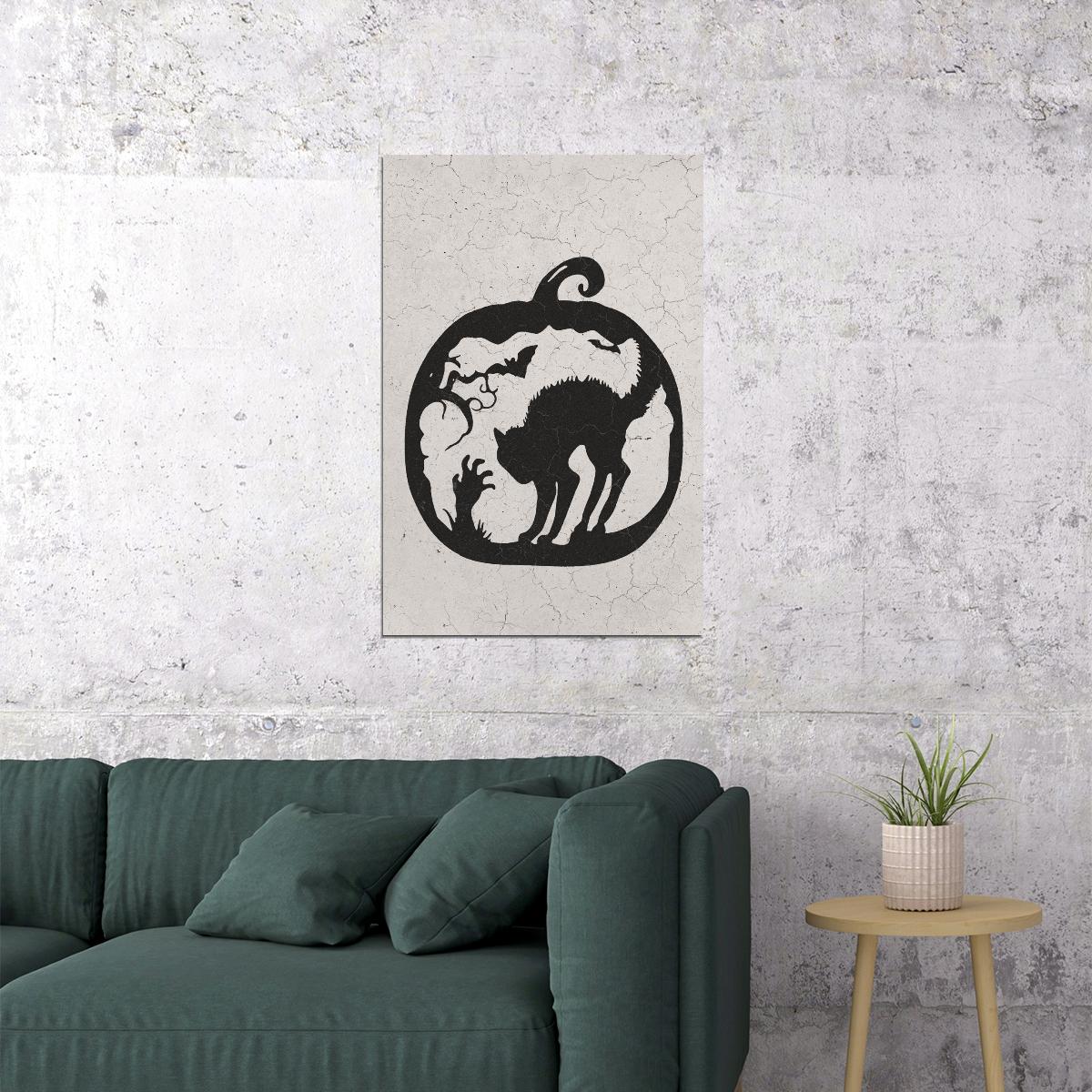 Black Cat Halloween Poster Pumpkin Halloween Wall Art Graveyard Scene Trendy Minimalist Print - xonomax