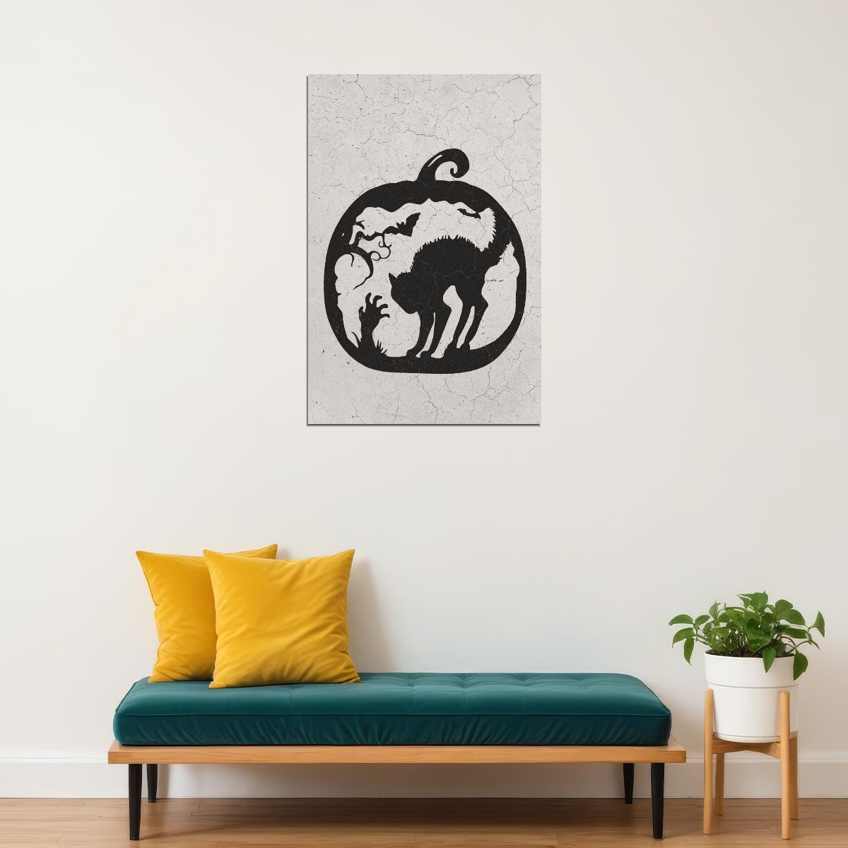 Black Cat Halloween Poster Pumpkin Halloween Wall Art Graveyard Scene Trendy Minimalist Print - xonomax