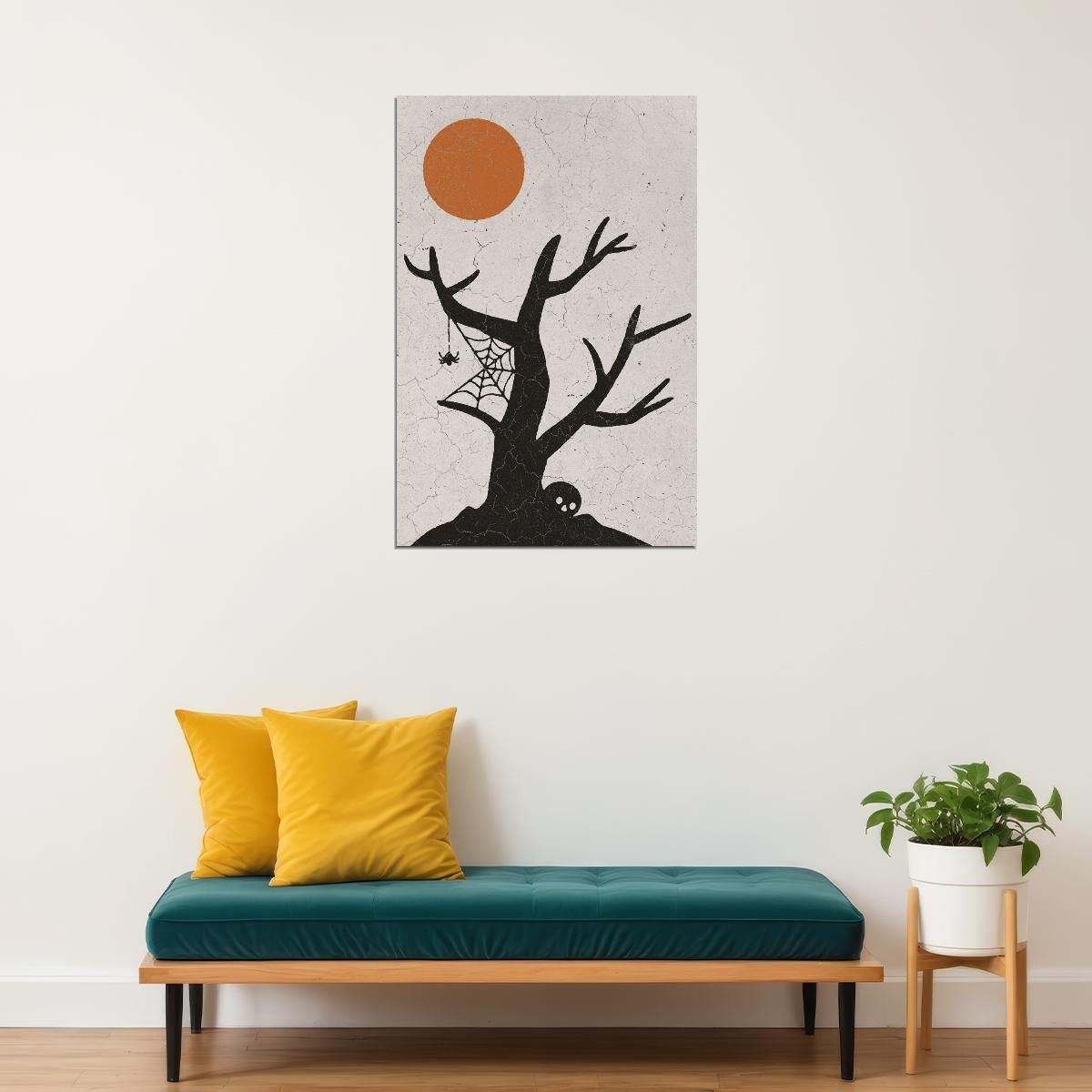 Creepy Tree Halloween Poster Boho Moon Halloween Wall Art Graveyard Scene Trendy Minimalist Print - xonomax