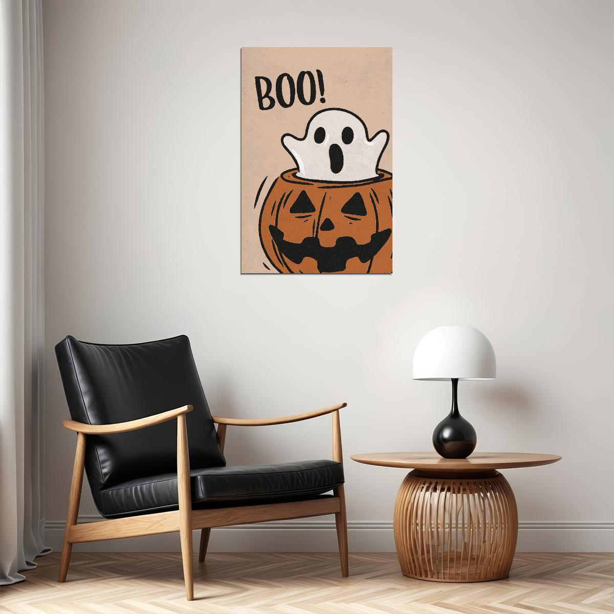 Boo Scary Ghost Halloween Poster Boho Pumpkin Halloween Wall Art Trendy Minimalist Fall Print - xonomax