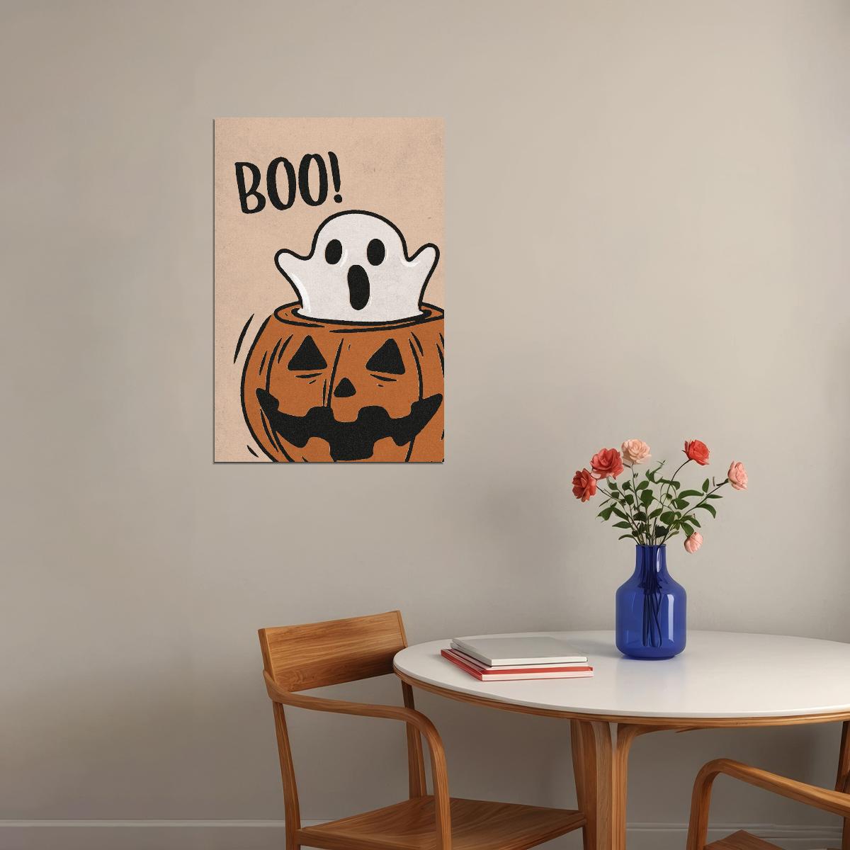 Boo Scary Ghost Halloween Poster Boho Pumpkin Halloween Wall Art Trendy Minimalist Fall Print - xonomax