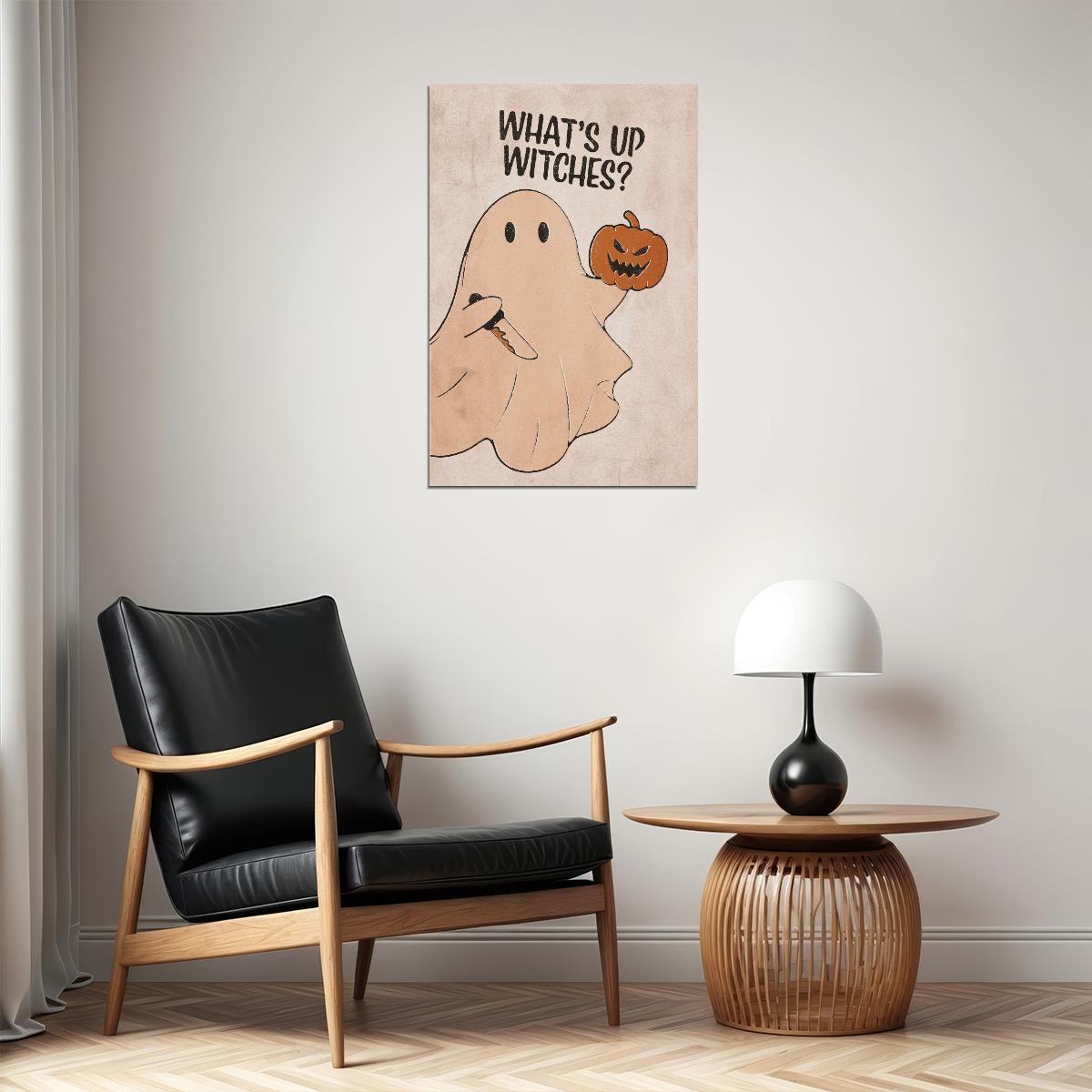 What's Up Witches Halloween Poster Ghost With Pumpkin Head Trendy Minimalist Art Scary Knife Print - xonomax