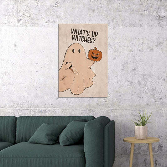 What's Up Witches Halloween Poster Ghost With Pumpkin Head Trendy Minimalist Art Scary Knife Print - xonomax