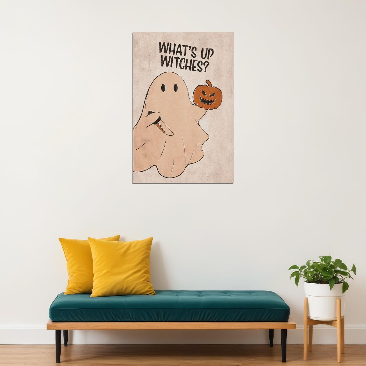 What's Up Witches Halloween Poster Ghost With Pumpkin Head Trendy Minimalist Art Scary Knife Print - xonomax