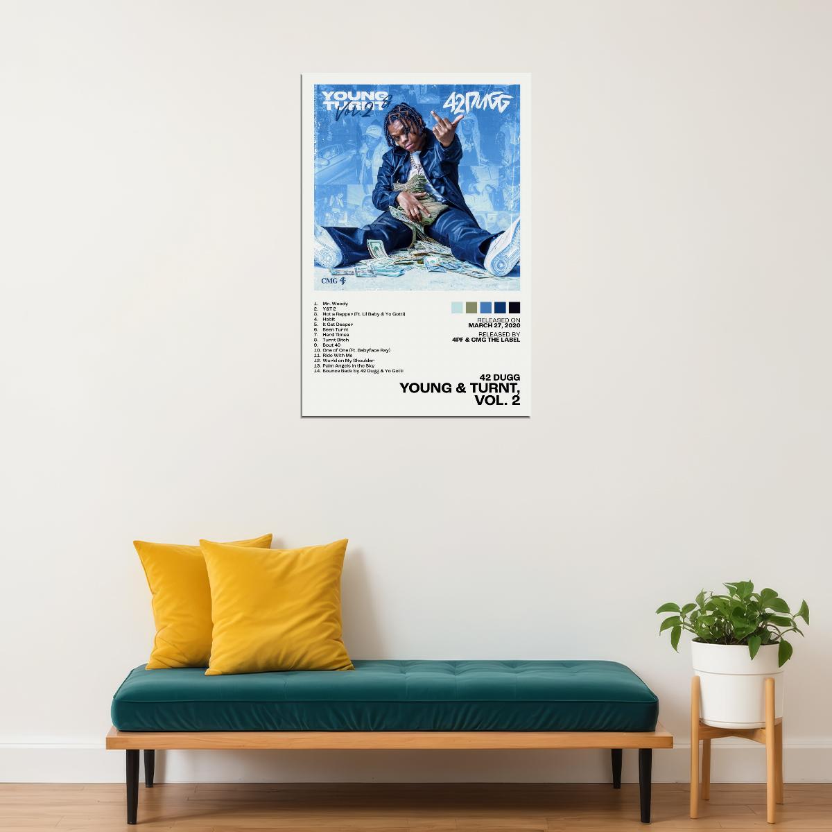 42 Dugg Young & Turnt, Vol. 2 Album Cover Music Poster Rap Home Decor For Living Room Hip-Hop Aesthetic Rapper Album Wall Art Records Poster Wall Decor For Bedroom