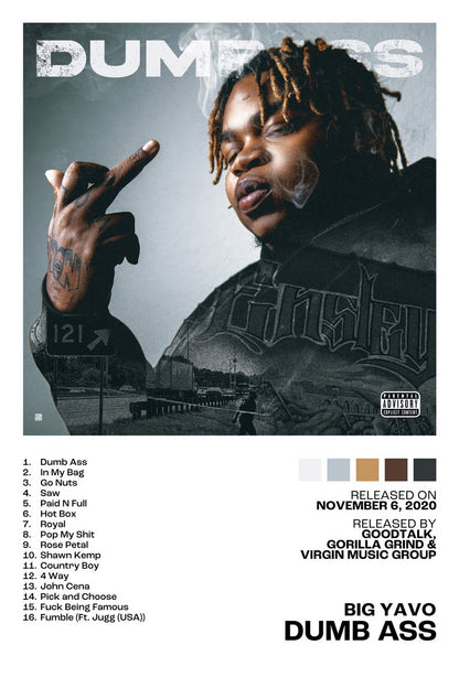 Big Yavo Dumb Ass Album Cover Music Poster Rap Home Decor For Living Room Hip-Hop Aesthetic Rapper Album Wall Art Records Poster Wall Decor For Bedroom