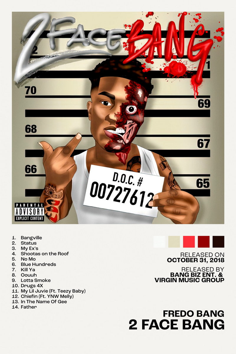 Fredo Bang 2 Face Bang Album Cover Music Poster Rap Home Decor For Living Room Hip-Hop Aesthetic Rapper Album Wall Art Records Poster Wall Decor For Bedroom - xonomax