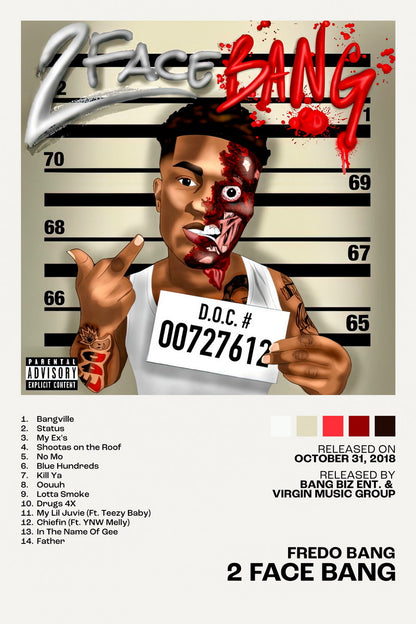Fredo Bang 2 Face Bang Album Cover Music Poster Rap Home Decor For Living Room Hip-Hop Aesthetic Rapper Album Wall Art Records Poster Wall Decor For Bedroom - xonomax
