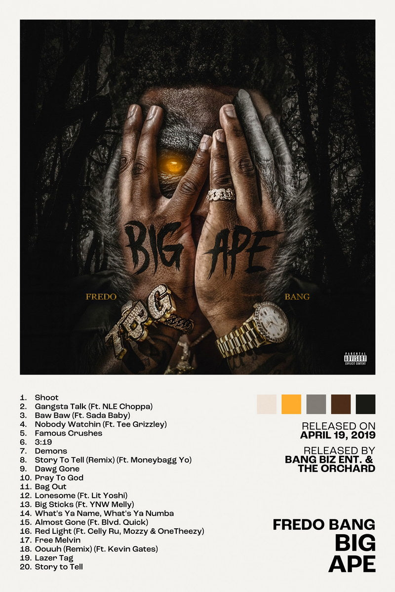 Fredo Bang Big Ape Album Cover Music Poster Rap Home Decor For Living Room Hip-Hop Aesthetic Rapper Album Wall Art Records Poster Wall Decor For Bedroom