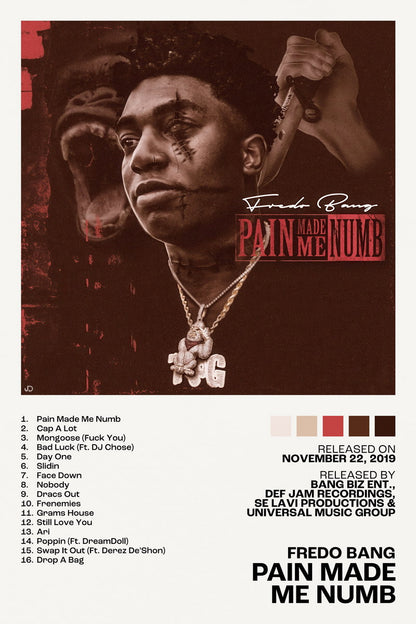 Fredo Bang Pain Made Me Numb Album Cover Music Poster Rap Home Decor For Living Room Hip-Hop Aesthetic Rapper Album Wall Art Records Poster Wall Decor For Bedroom