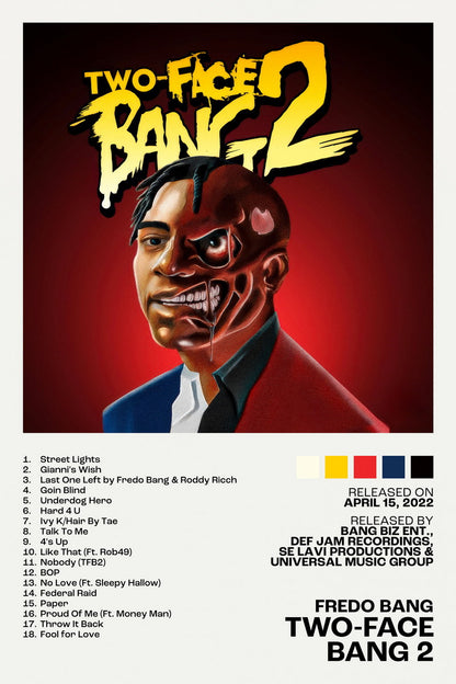 Fredo Bang Two-Face Bang 2 Album Cover Music Poster Rap Home Decor For Living Room Hip-Hop Aesthetic Rapper Album Wall Art Records Poster Wall Decor For Bedroom