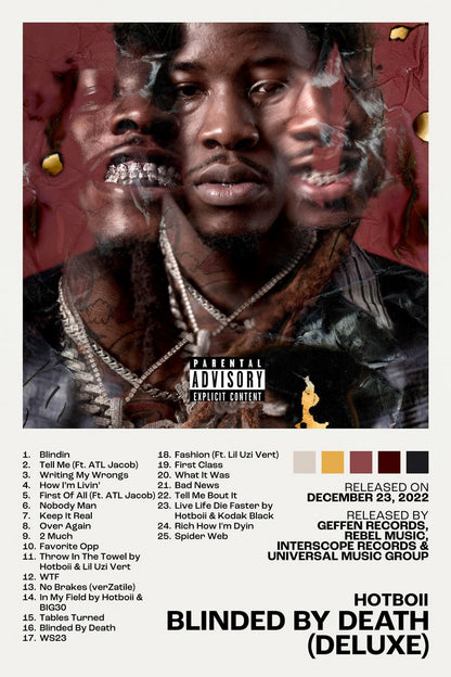 Hotboii Blinded By Death (Deluxe) Album Cover Music Poster Rap Home Decor For Living Room Hip-Hop Aesthetic Rapper Album Wall Art Records Poster Wall Decor For Bedroom - xonomax