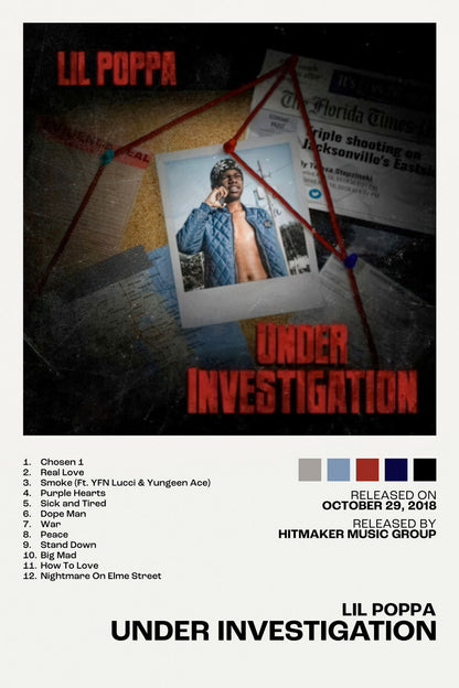 Lil Poppa Under Investigation Album Cover Music Poster Rap Home Decor For Living Room Hip-Hop Aesthetic Rapper Album Wall Art Records Poster Wall Decor For Bedroom