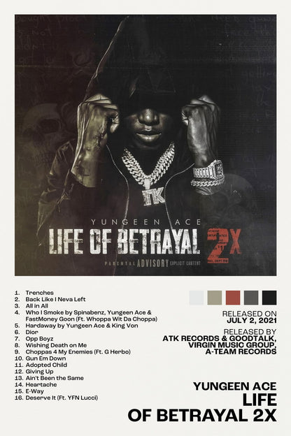 Yungeen Ace Life of Betrayal 2x Album Cover Music Poster Rap Home Decor For Living Room Hip-Hop Aesthetic Rapper Album Wall Art Records Poster Wall Decor For Bedroom