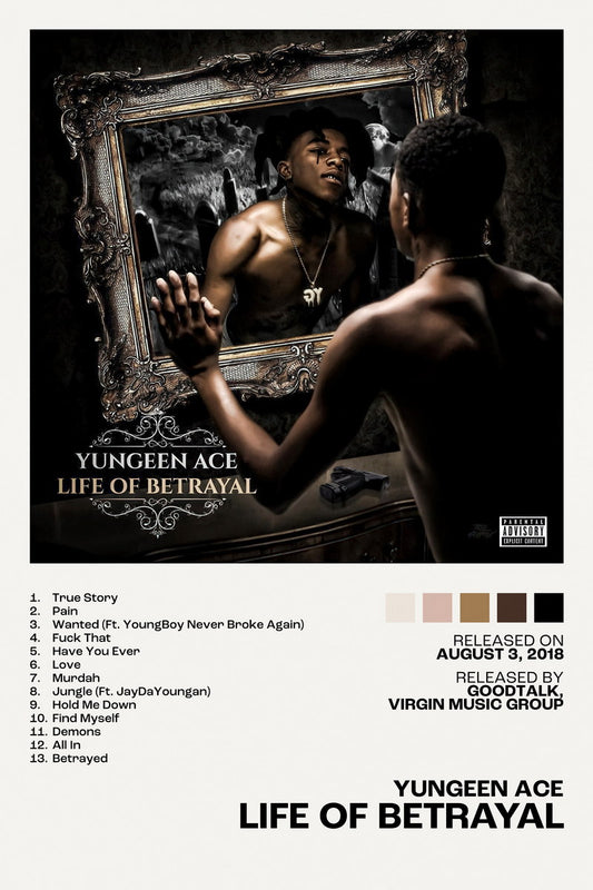 Yungeen Ace Life of Betrayal Album Cover Music Poster Rap Home Decor For Living Room Hip-Hop Aesthetic Rapper Album Wall Art Records Poster Wall Decor For Bedroom