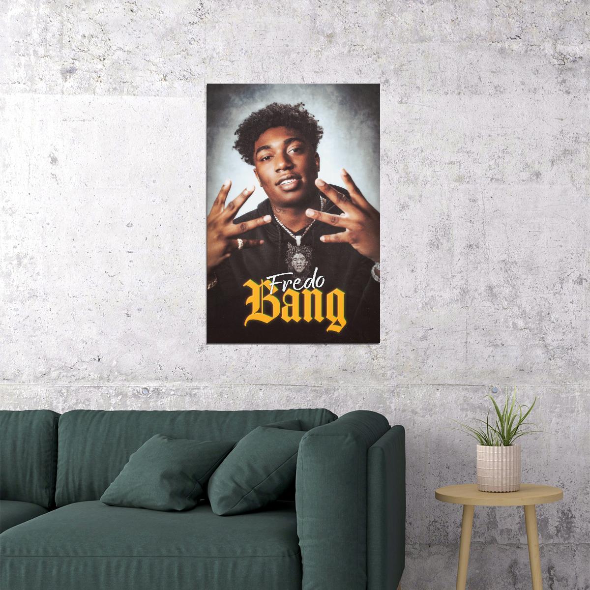 Fredo Bang Rapper Music Poster Gritty Urban Aesthetic Hip-Hop Wall Art Retro Vibe Graffiti-Inspired Style for Street Culture Fans Modern Decor - xonomax