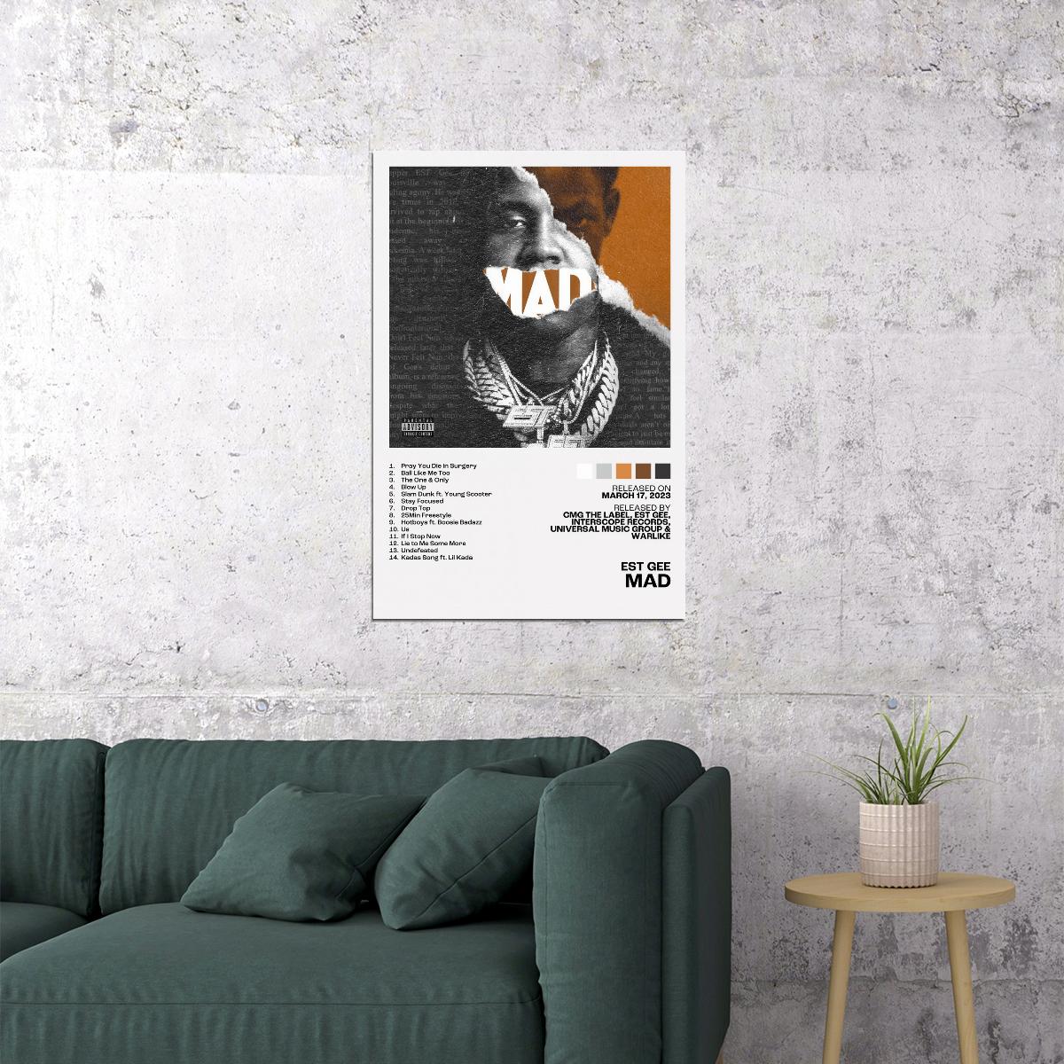 EST Gee MAD Album Cover Music Poster Rap Home Decor For Living Room Hip-Hop Aesthetic Rapper Album Wall Art Records Poster Wall Decor For Bedroom