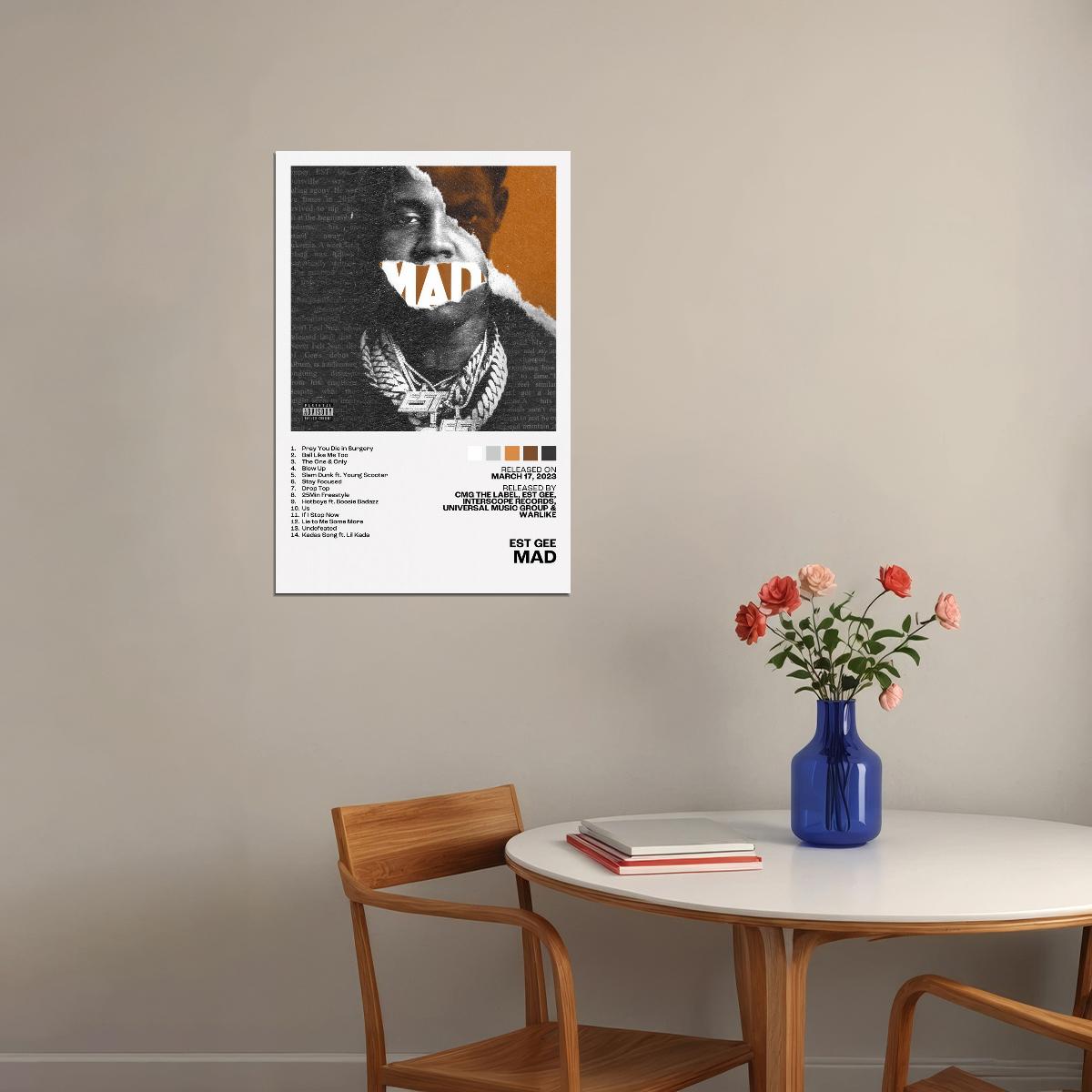 EST Gee MAD Album Cover Music Poster Rap Home Decor For Living Room Hip-Hop Aesthetic Rapper Album Wall Art Records Poster Wall Decor For Bedroom