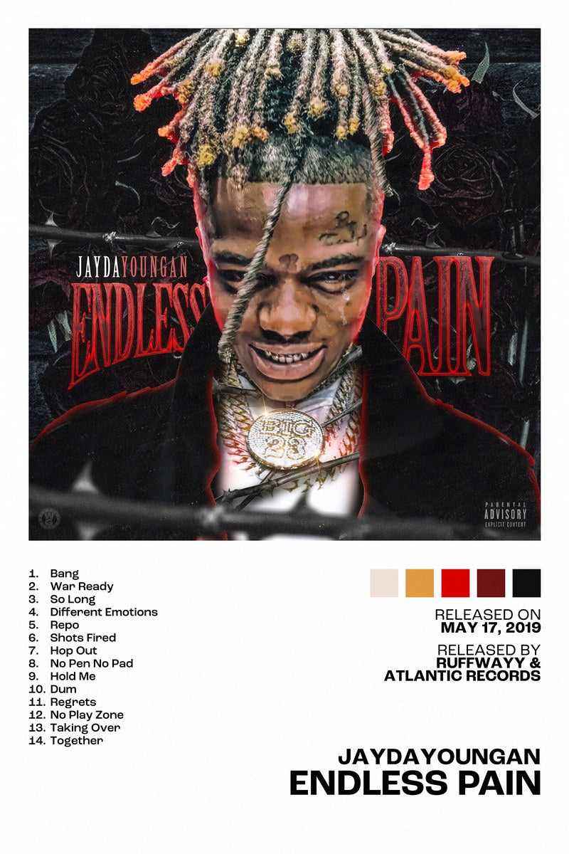 JayDaYoungan Endless Pain Album Cover Music Poster Rap Home Decor For Living Room Hip-Hop Aesthetic Rapper Album Wall Art Records Poster Wall Decor For Bedroom