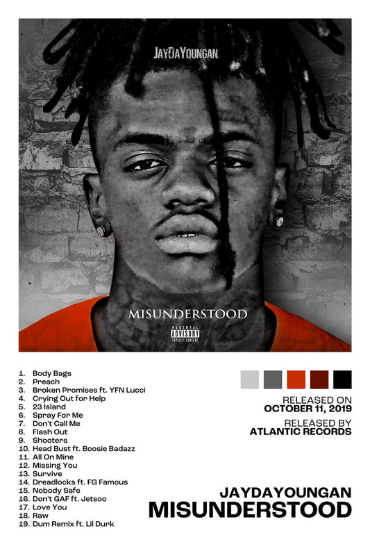 JayDaYoungan Misunderstood Album Cover Music Poster Rap Home Decor For Living Room Hip-Hop Aesthetic Rapper Album Wall Art Records Poster Wall Decor For Bedroom