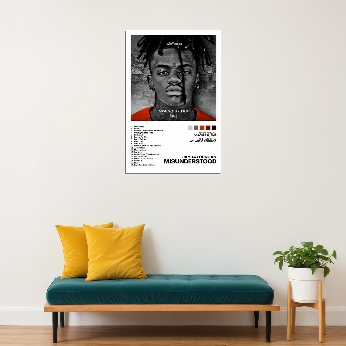 JayDaYoungan Misunderstood Album Cover Music Poster Rap Home Decor For Living Room Hip-Hop Aesthetic Rapper Album Wall Art Records Poster Wall Decor For Bedroom