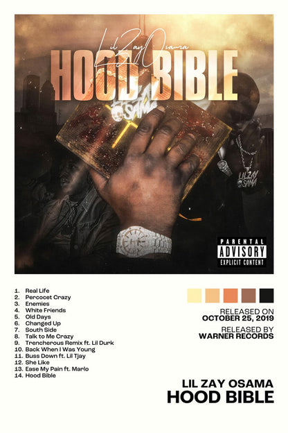 Lil Zay Osama Hood Bible Album Cover Music Poster Rap Home Decor For Living Room Hip-Hop Aesthetic Rapper Album Wall Art Records Poster Wall Decor For Bedroom - xonomax