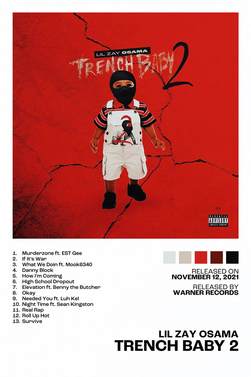 Lil Zay Osama Trench Baby 2 Album Cover Music Poster Rap Home Decor For Living Room Hip-Hop Aesthetic Rapper Album Wall Art Records Poster Wall Decor For Bedroom - xonomax