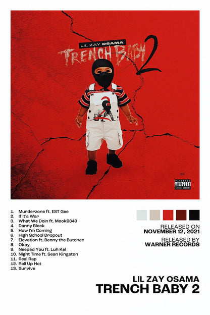 Lil Zay Osama Trench Baby 2 Album Cover Music Poster Rap Home Decor For Living Room Hip-Hop Aesthetic Rapper Album Wall Art Records Poster Wall Decor For Bedroom - xonomax