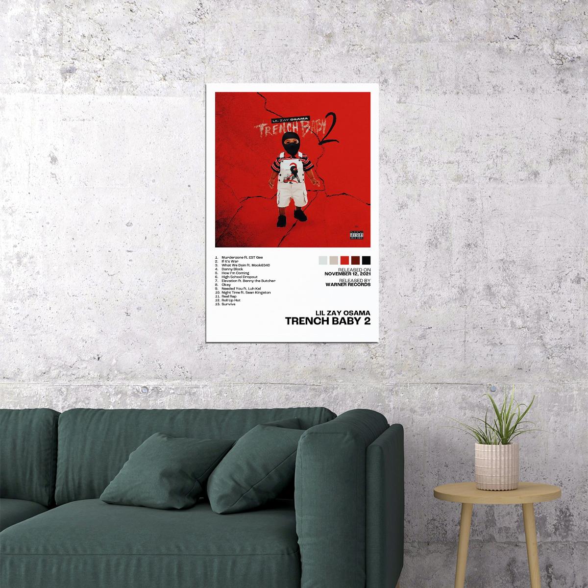 Lil Zay Osama Trench Baby 2 Album Cover Music Poster Rap Home Decor For Living Room Hip-Hop Aesthetic Rapper Album Wall Art Records Poster Wall Decor For Bedroom - xonomax