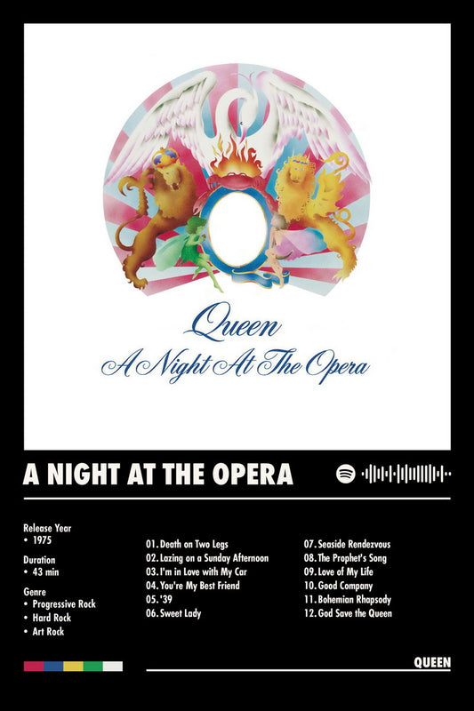 Queen A Night at the Opera Black Album Cover Music Poster Rock Wall Art Home Decor for Living Room Vintage Rock Band Aesthetic Classic Rock Music Print Retro Legendary Band - xonomax