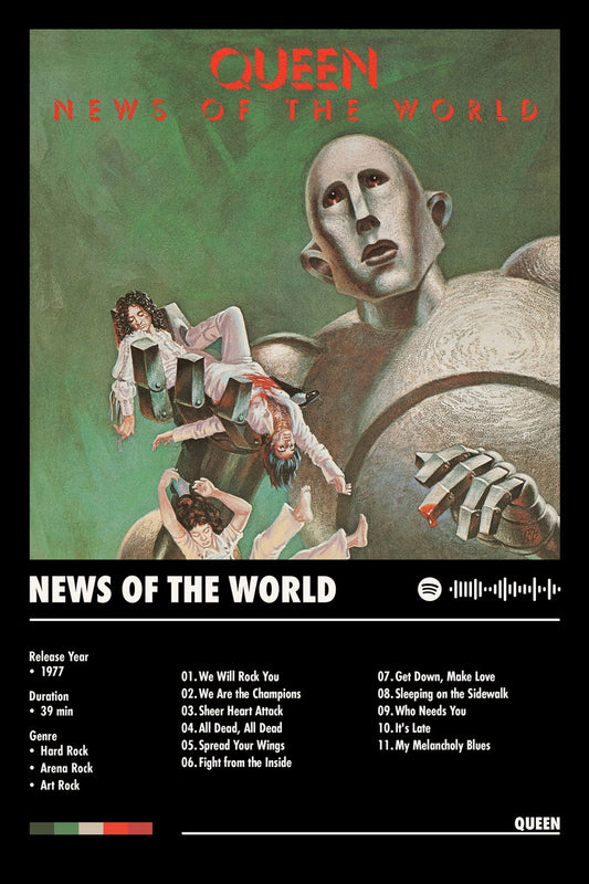 Queen News of the World Black Album Cover Music Poster Rock Wall Art Home Decor for Living Room Vintage Rock Band Aesthetic Classic Rock Music Print Retro Legendary Band - xonomax