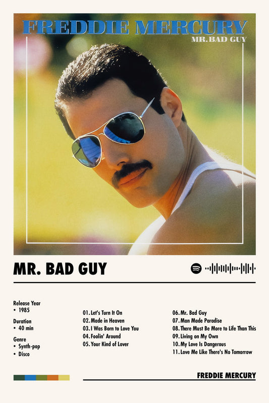 Freddie Mercury Mr. Bad Guy Album Cover Music Poster Rock Wall Art Home Decor for Living Room Vintage Rock Band Aesthetic Classic Rock Music Print Retro Legendary Band - xonomax