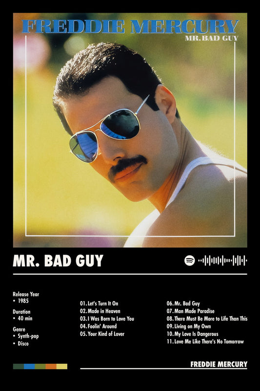 Freddie Mercury Mr. Bad Guy Black Album Cover Music Poster Rock Wall Art Home Decor for Living Room Vintage Rock Band Aesthetic Classic Rock Music Print Retro Legendary Band - xonomax